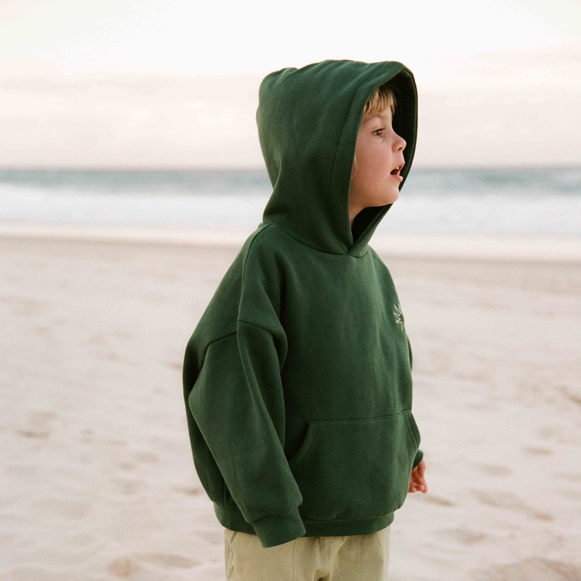 A young child standing on a sandy beach wearing a dark green hooded sweatshirt and light khaki pants.